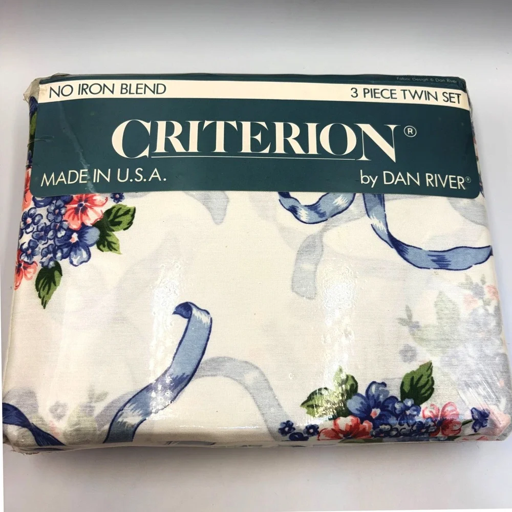 Vintage Criterion Dan River Amy Floral Twin Sheet Set 3pc Blue Ribbon USA Retro